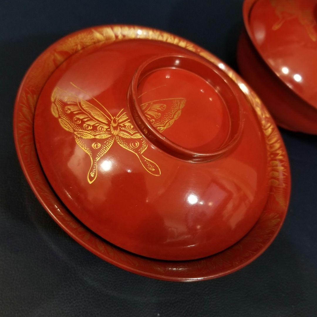 たまきち様確認用　輪島塗　朱漆塗 内総沈金 菊花紋詰 吸物椀 金蒔絵羽反2客