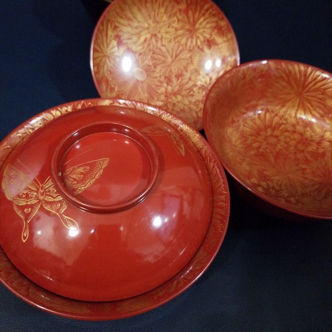 たまきち様確認用　輪島塗　朱漆塗 内総沈金 菊花紋詰 吸物椀 金蒔絵羽反2客