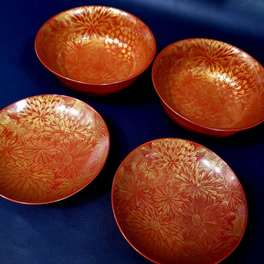たまきち様確認用　輪島塗　朱漆塗 内総沈金 菊花紋詰 吸物椀 金蒔絵羽反2客