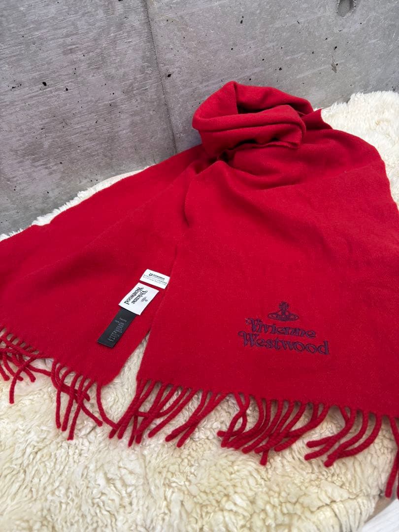新品 Vivienne Westwood オーブ刺繍 ウールマフラー ストール赤