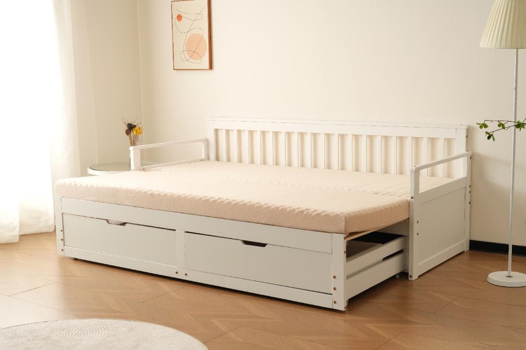 超人気！伸長式ソファベッド引き出し付き 収納付き 天然木 WHITE