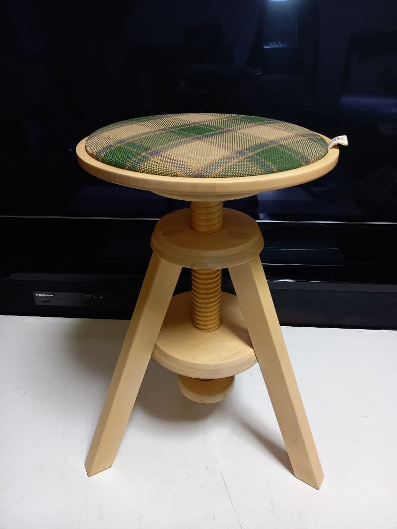 広松木工　スピンスツール　ミルクナチュラル　ウッド　チェック柄　クッション