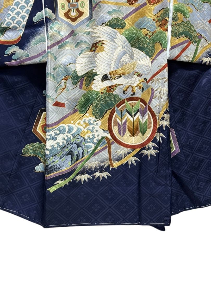 美品　正絹　お宮参り一つ身着物＆長襦袢セット　男の子　紺