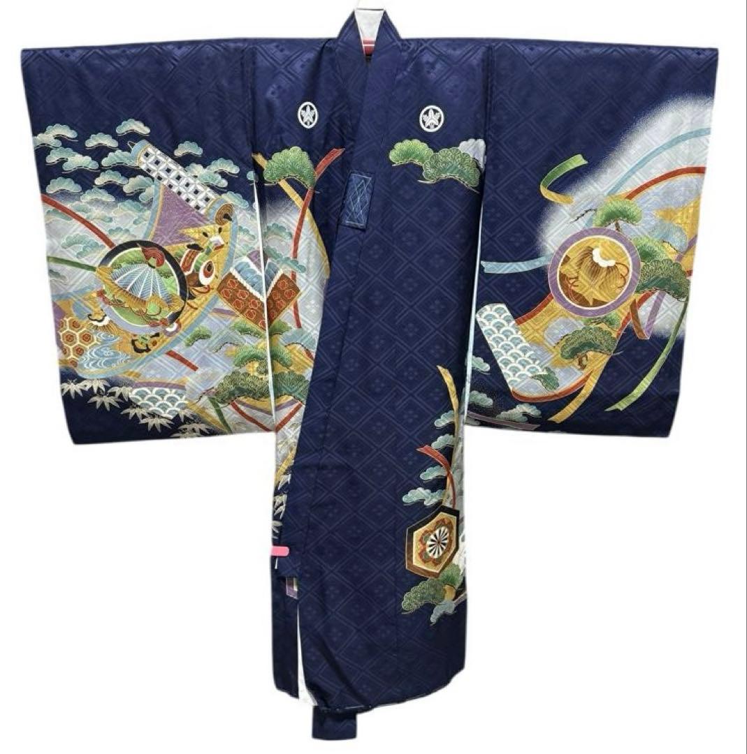 美品　正絹　お宮参り一つ身着物＆長襦袢セット　男の子　紺