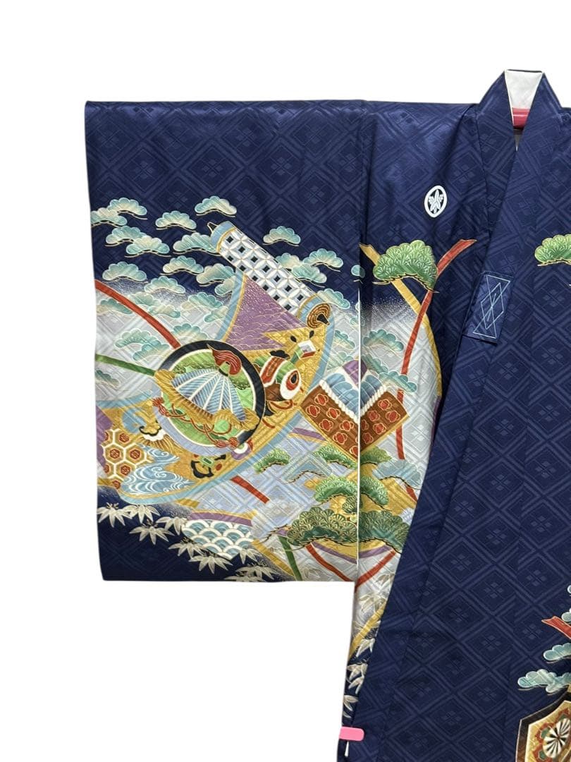 美品　正絹　お宮参り一つ身着物＆長襦袢セット　男の子　紺