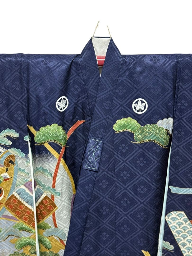 美品　正絹　お宮参り一つ身着物＆長襦袢セット　男の子　紺