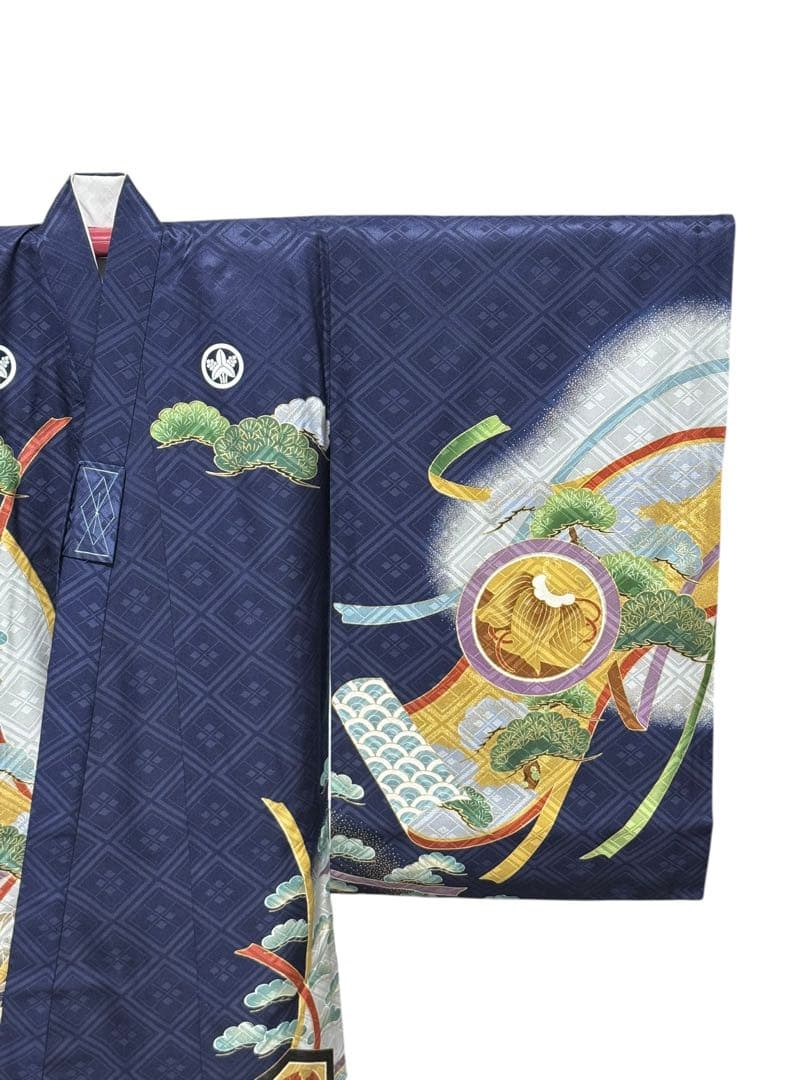 美品　正絹　お宮参り一つ身着物＆長襦袢セット　男の子　紺