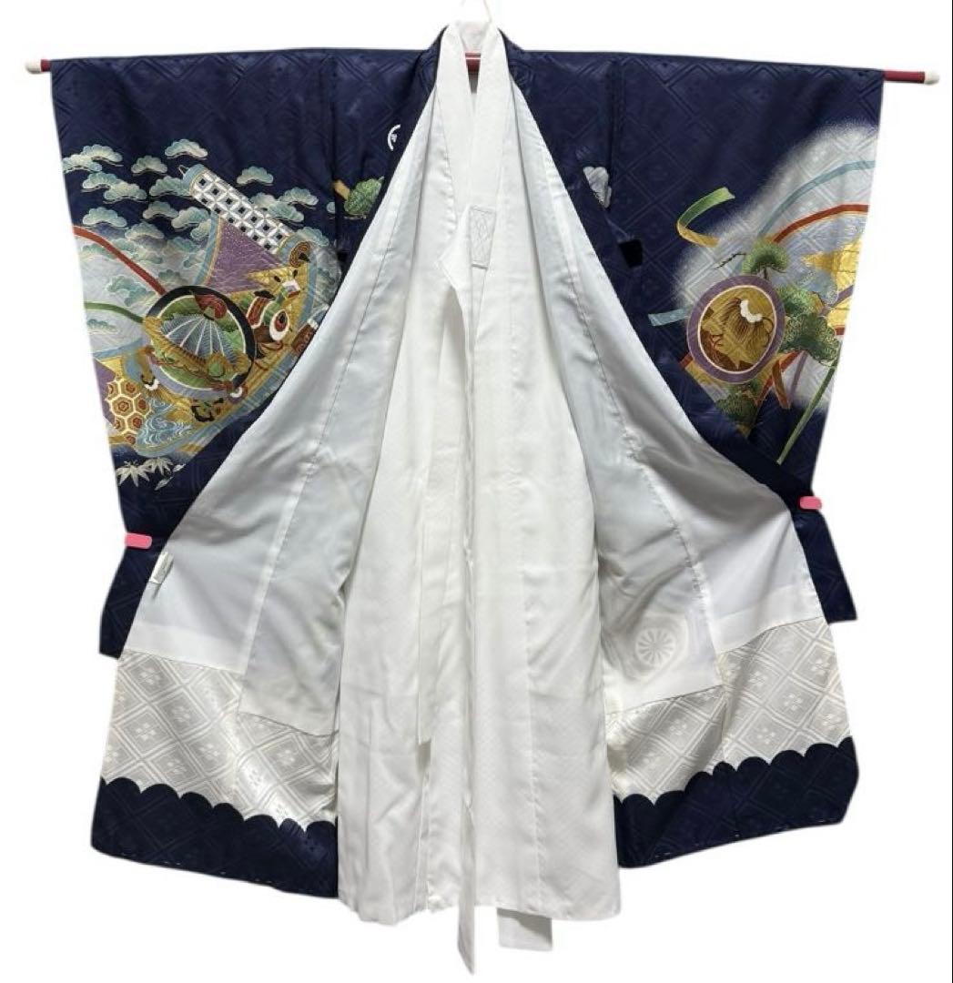 美品　正絹　お宮参り一つ身着物＆長襦袢セット　男の子　紺