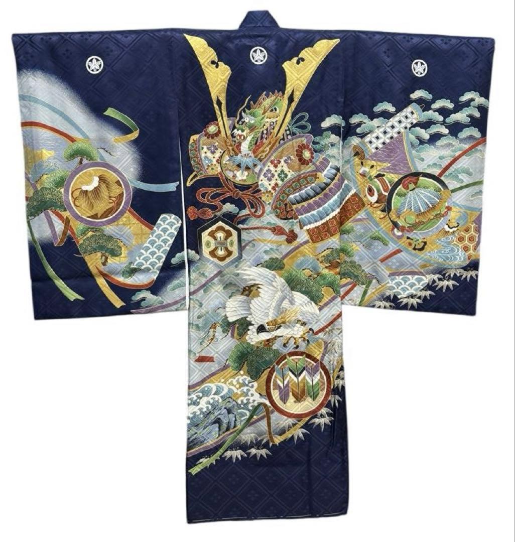 美品　正絹　お宮参り一つ身着物＆長襦袢セット　男の子　紺