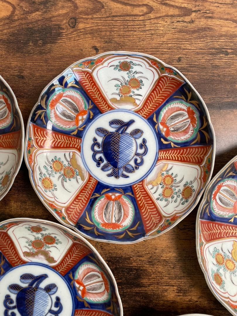 古伊万里　赤絵花図 七寸皿 五客（21.8cm）中皿 大皿 アンティーク
