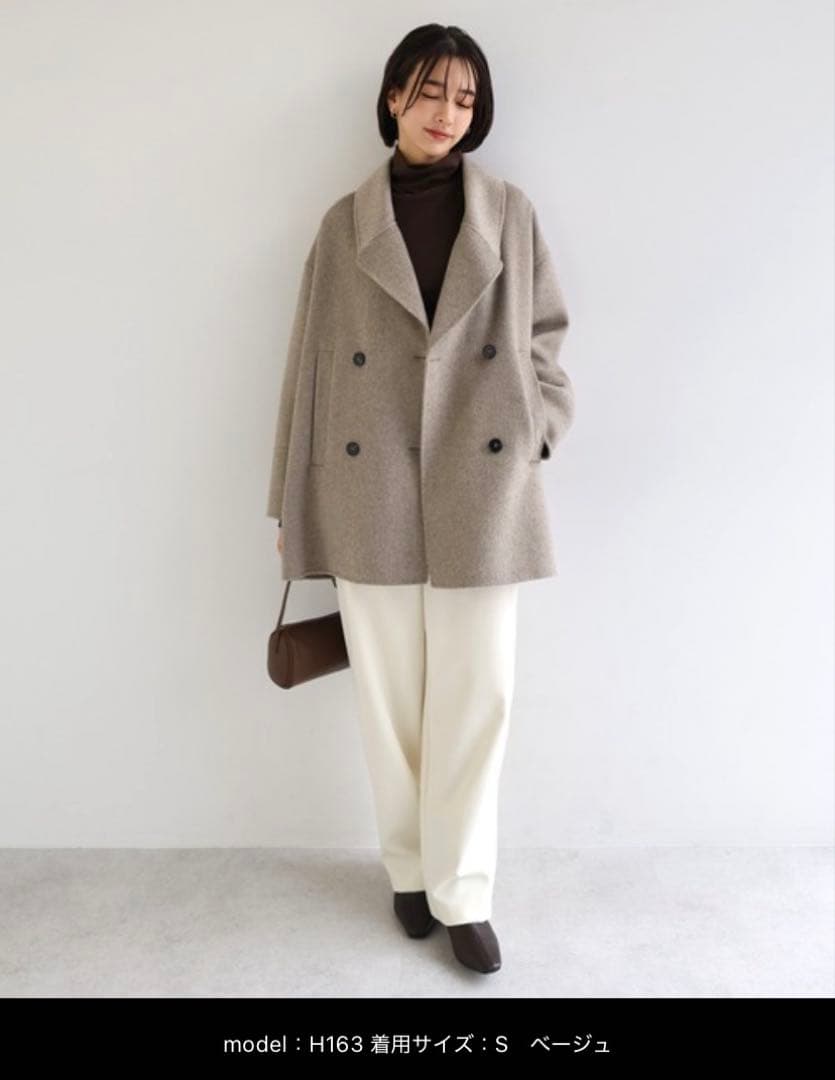 ベージュ ダブルブレスト ウールコート M