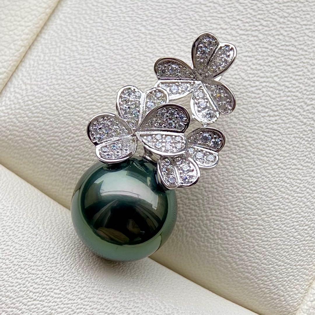 本真珠南洋黒蝶真珠グリーン11.56㍉s925ペンダントBEN946