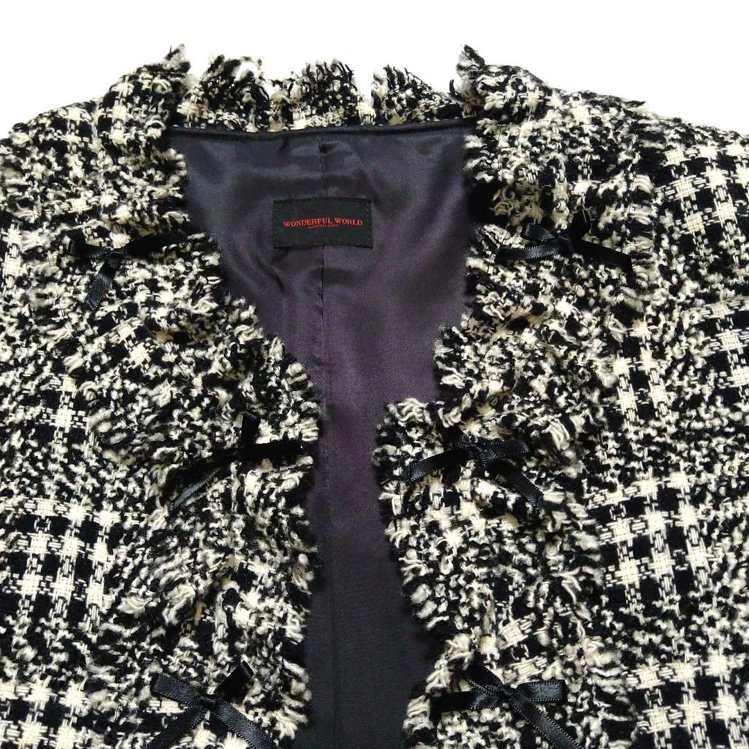 フリル付きノーカラージャケット ブラックチェック カネコイサオ