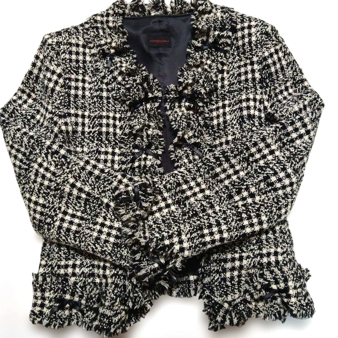 フリル付きノーカラージャケット ブラックチェック カネコイサオ