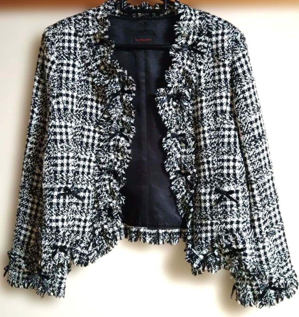 フリル付きノーカラージャケット ブラックチェック カネコイサオ