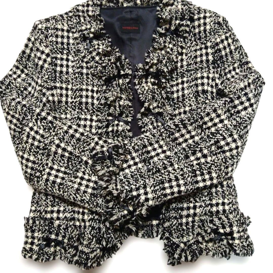 フリル付きノーカラージャケット ブラックチェック カネコイサオ