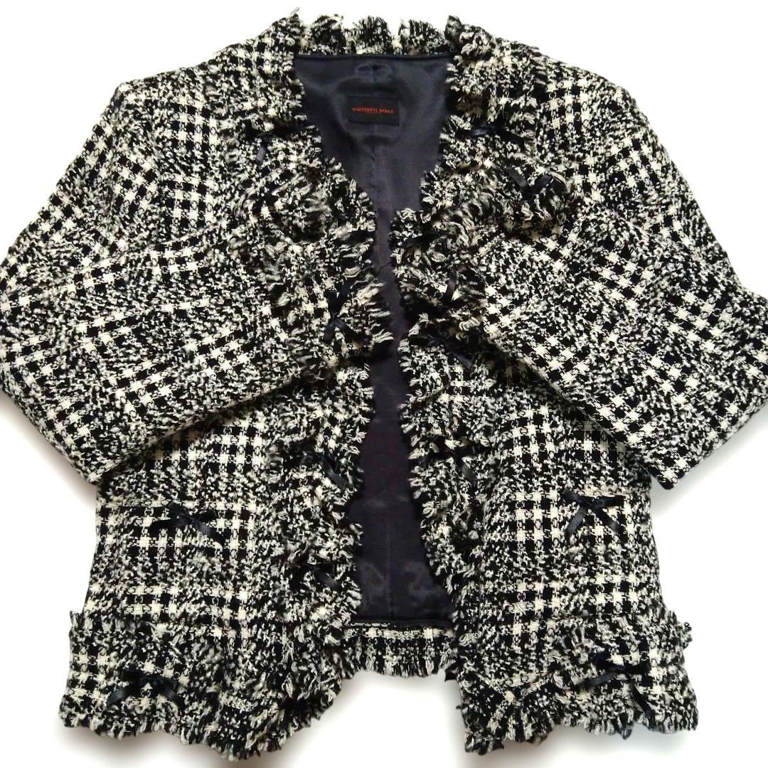 フリル付きノーカラージャケット ブラックチェック カネコイサオ