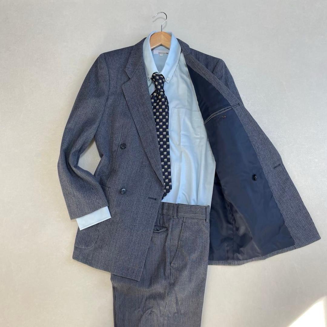 90s セットアップ ダブルスーツ ネイビーストライプ 成人式 ヒッコリー