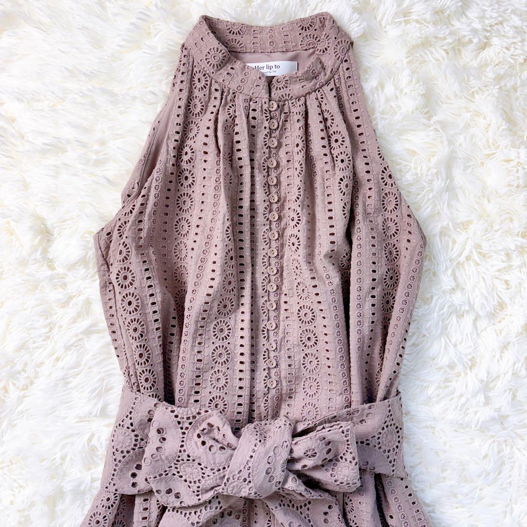 極美品◆herlipto Lace-trimmed Belted Dress　M