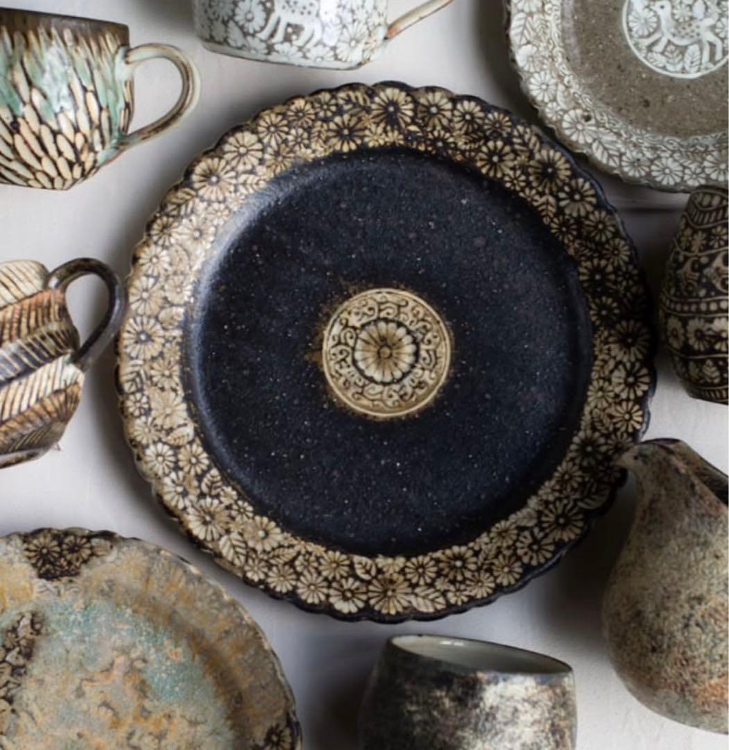 新品　薮本寛之　皿　19cm 花葉紋三島手皿　陶芸作家　希少