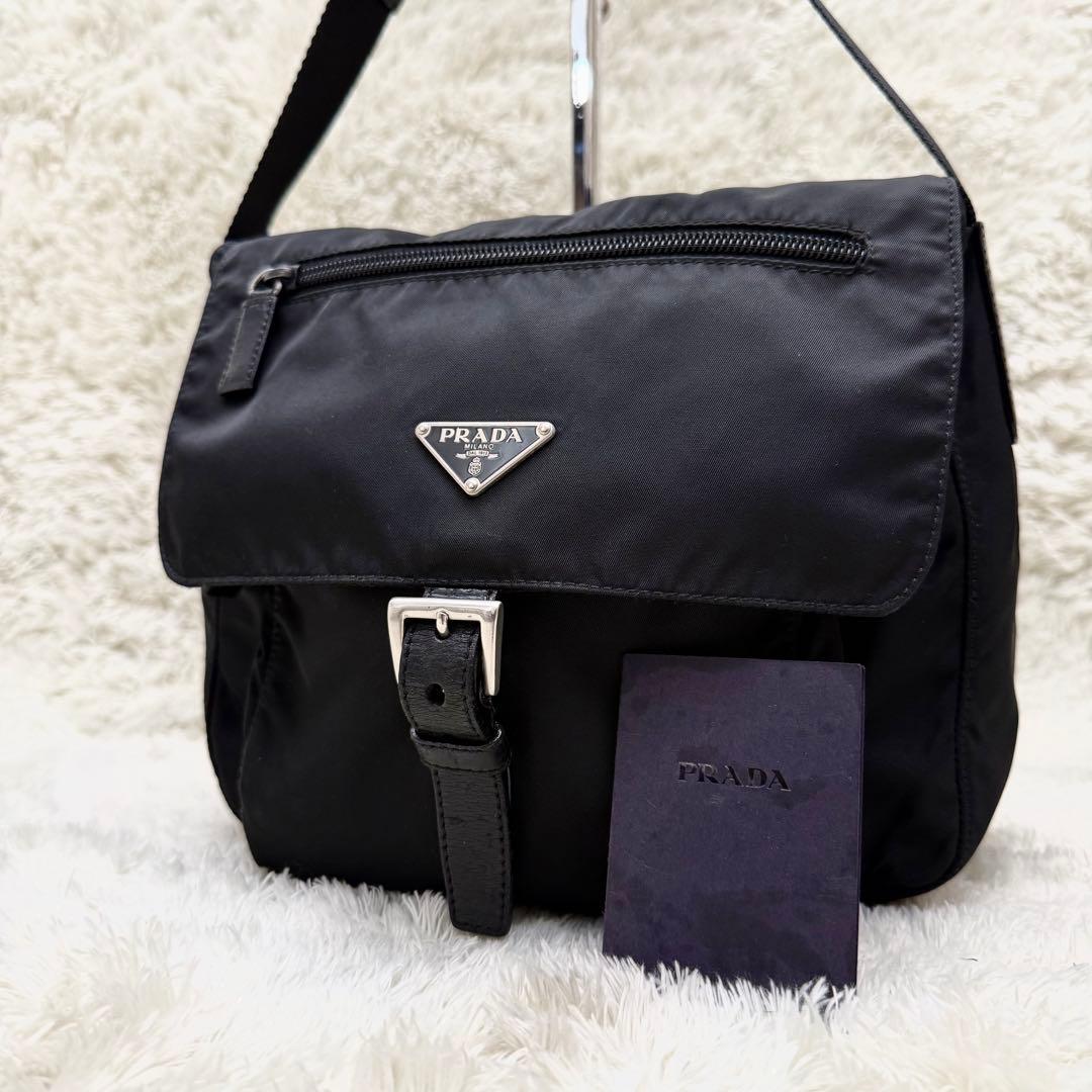 PRADAプラダ 三角ロゴ ショルダーバッグ ベルト 黒 テスート フラップ