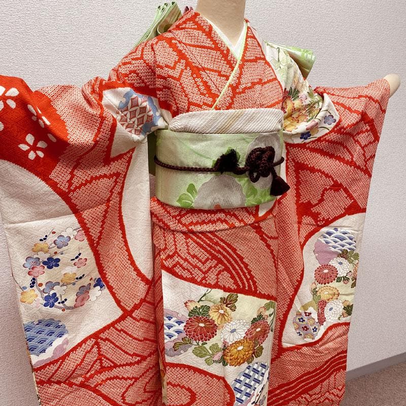 501aj64◎振袖＆袋帯 部分絞り 金駒刺繍 成人式 結婚式 十三参り◎