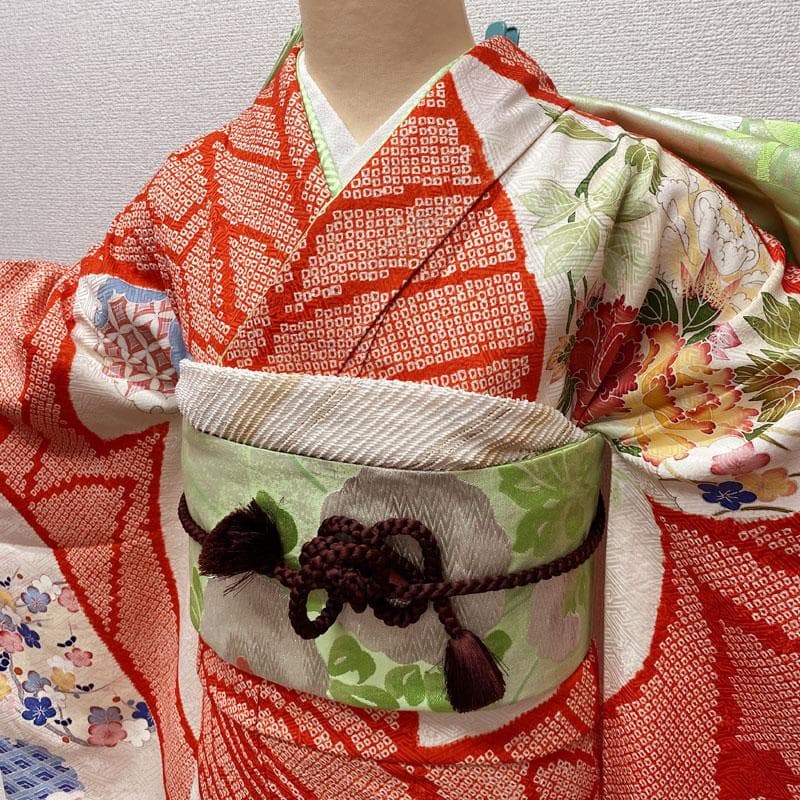 501aj64◎振袖＆袋帯 部分絞り 金駒刺繍 成人式 結婚式 十三参り◎
