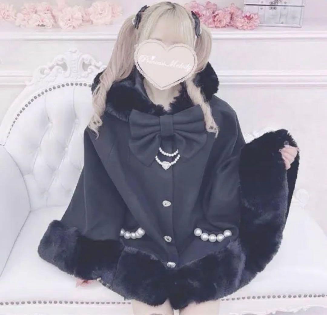 Mars リボン付きボリュームファーフードケープコート マーズ ポンチョ