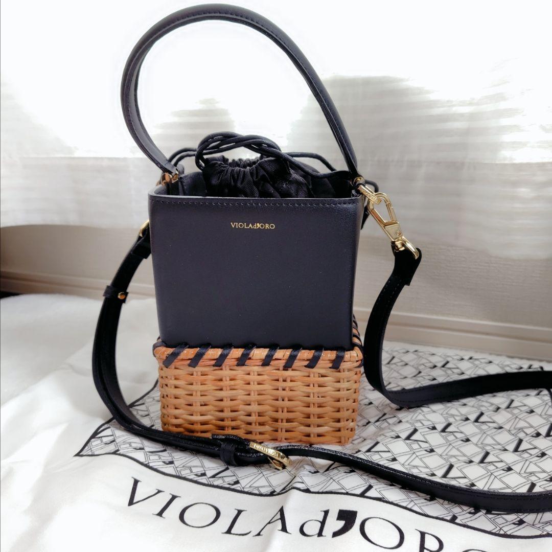 極美品　ヴィオラドーロ　ラタン　カゴバッグ　イタリアンスプリットレザー　ブラック