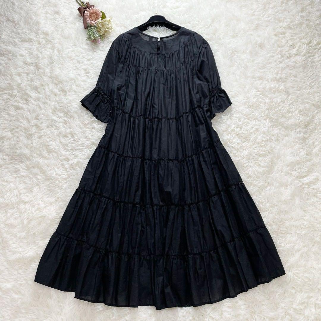 美品 マーレット PARADISE コットンパフスリーブティアードワンピース 黒
