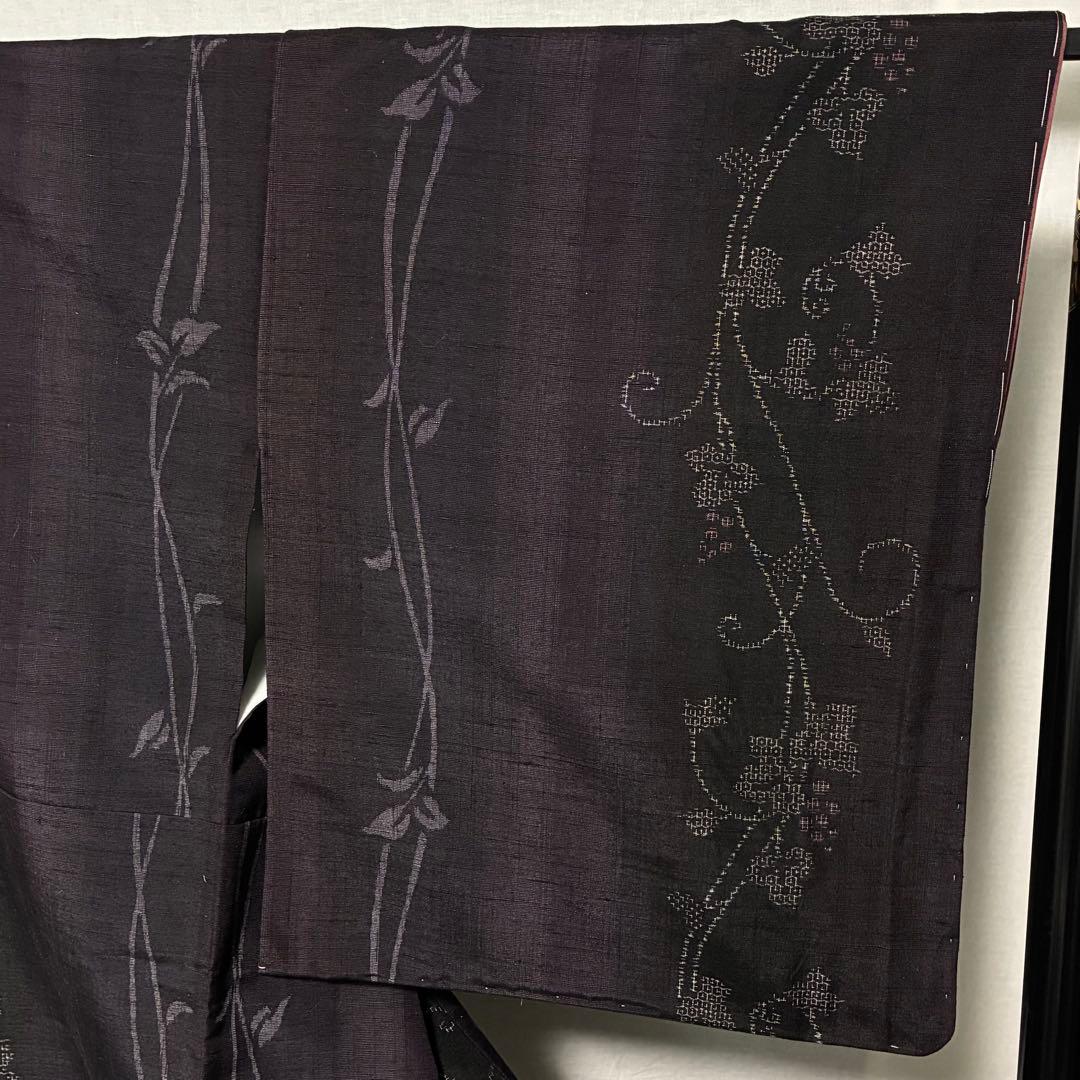D10 本場結城紬 やまと 葡萄柄 濃紫系 正絹 着物 袷 しつけ糸未使用極美品
