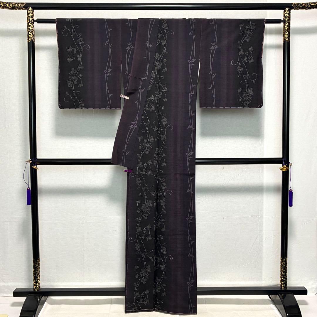 D10 本場結城紬 やまと 葡萄柄 濃紫系 正絹 着物 袷 しつけ糸未使用極美品