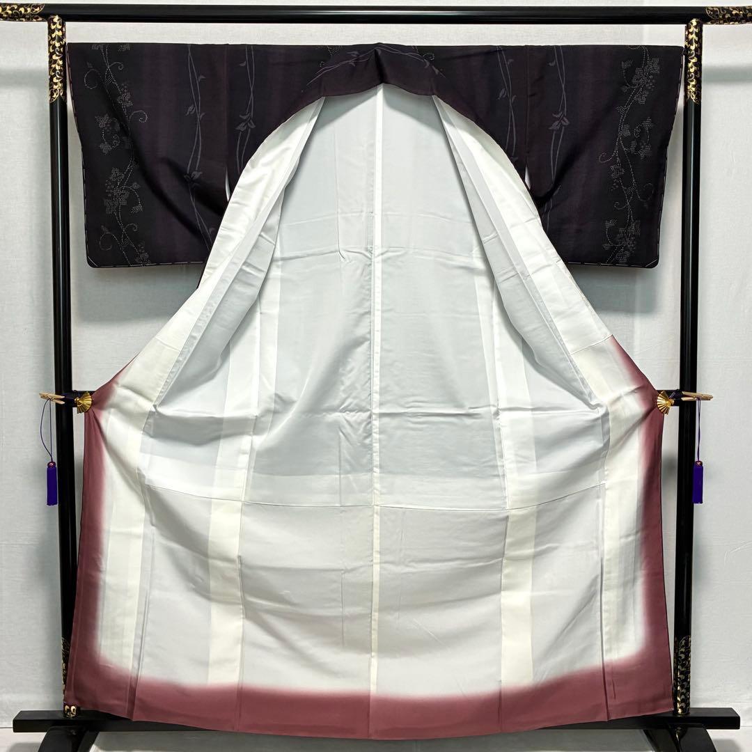 D10 本場結城紬 やまと 葡萄柄 濃紫系 正絹 着物 袷 しつけ糸未使用極美品