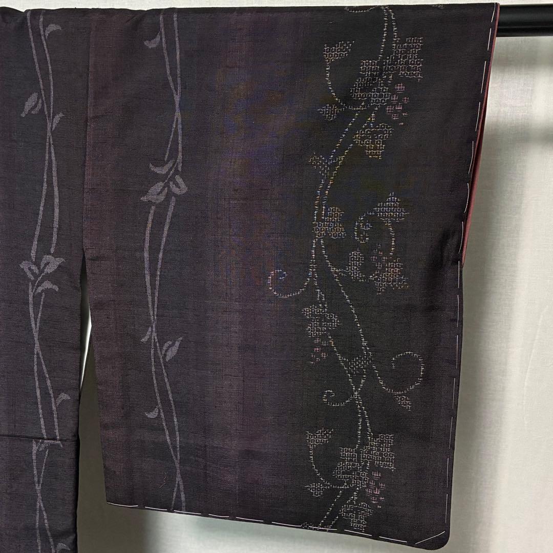 D10 本場結城紬 やまと 葡萄柄 濃紫系 正絹 着物 袷 しつけ糸未使用極美品