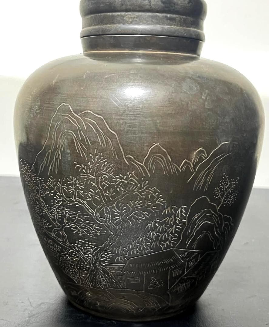 御錫屋天下一美作守款 一刀老人彫 　古錫　茶壷１８.５cm　茶心壺　茶入　煎茶