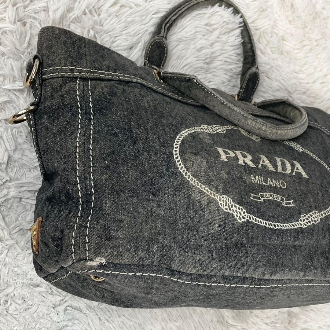 美品 プラダ デニム トートバッグ カナパ ステッチ 3角プレート グレー