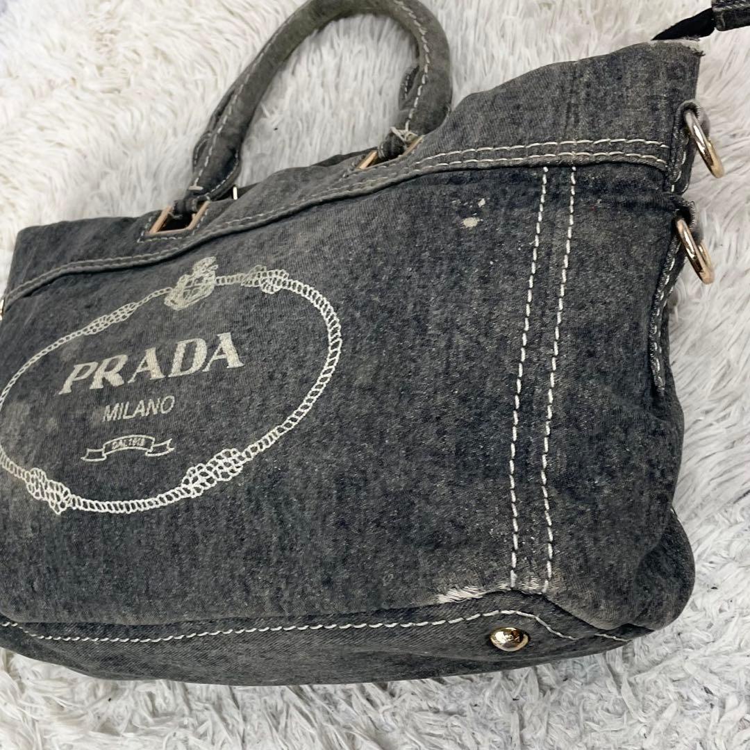 美品 プラダ デニム トートバッグ カナパ ステッチ 3角プレート グレー