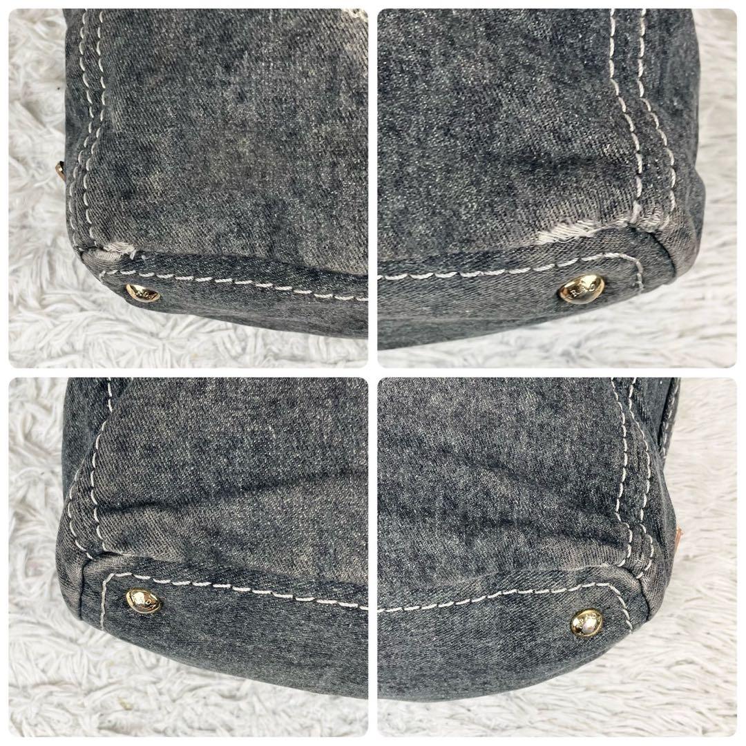 美品 プラダ デニム トートバッグ カナパ ステッチ 3角プレート グレー