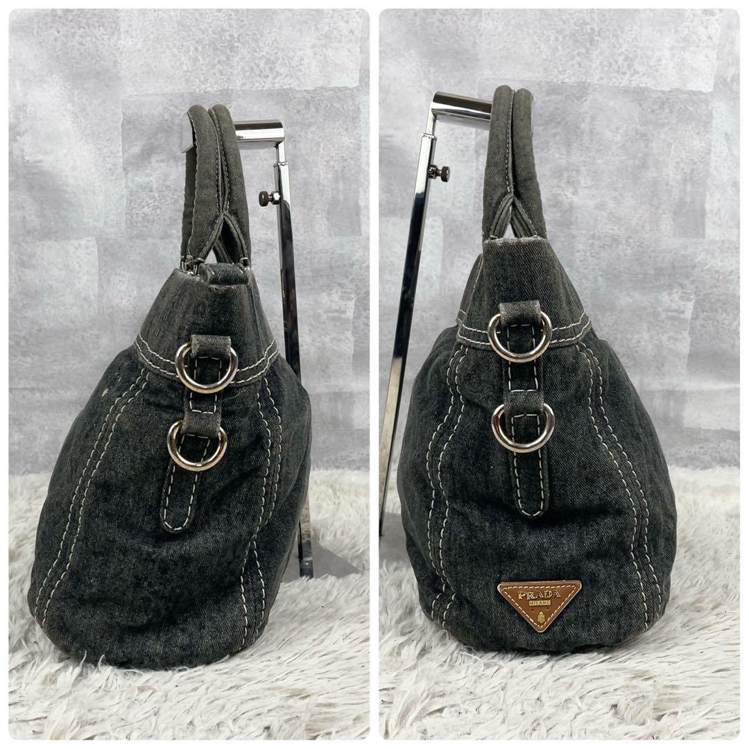 美品 プラダ デニム トートバッグ カナパ ステッチ 3角プレート グレー