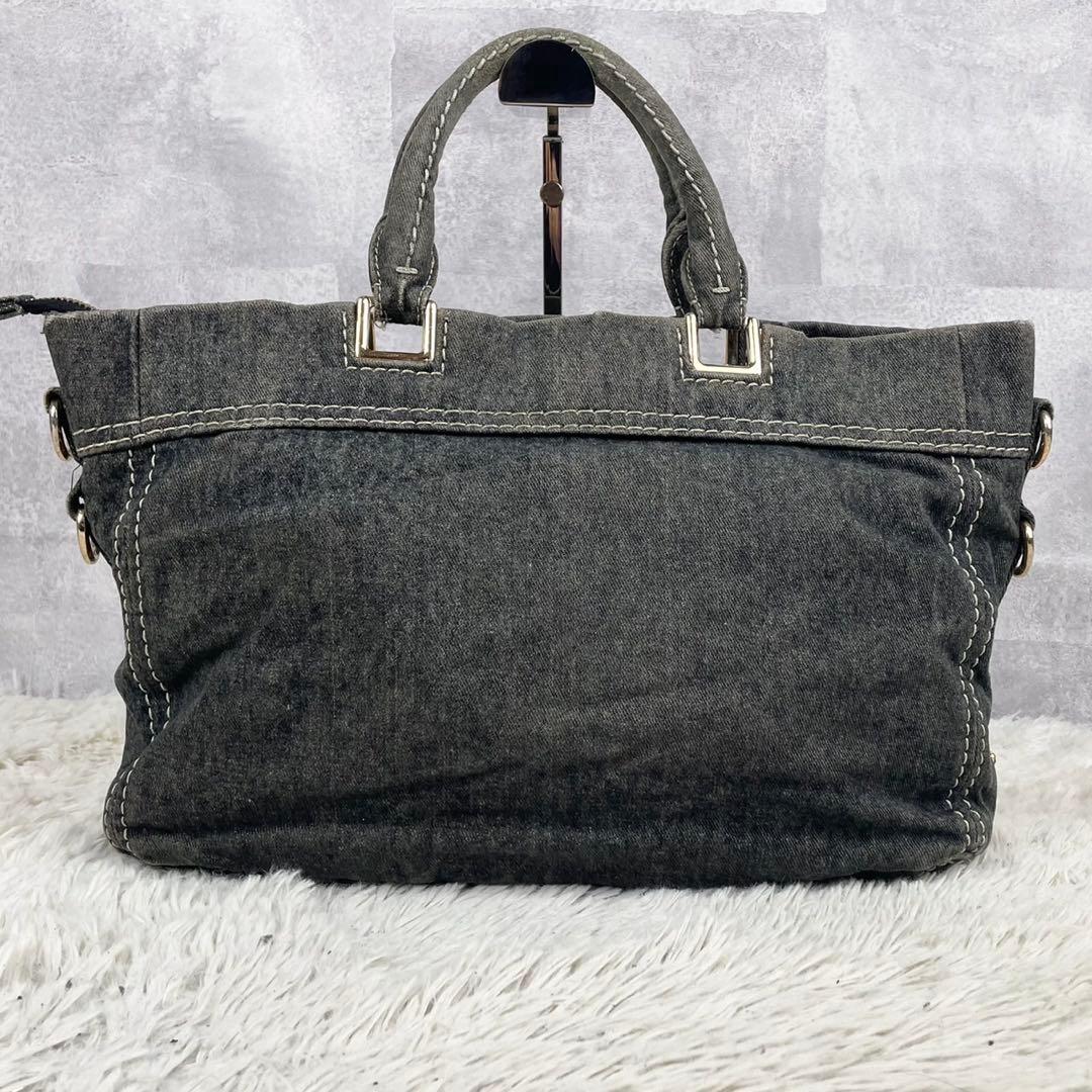 美品 プラダ デニム トートバッグ カナパ ステッチ 3角プレート グレー