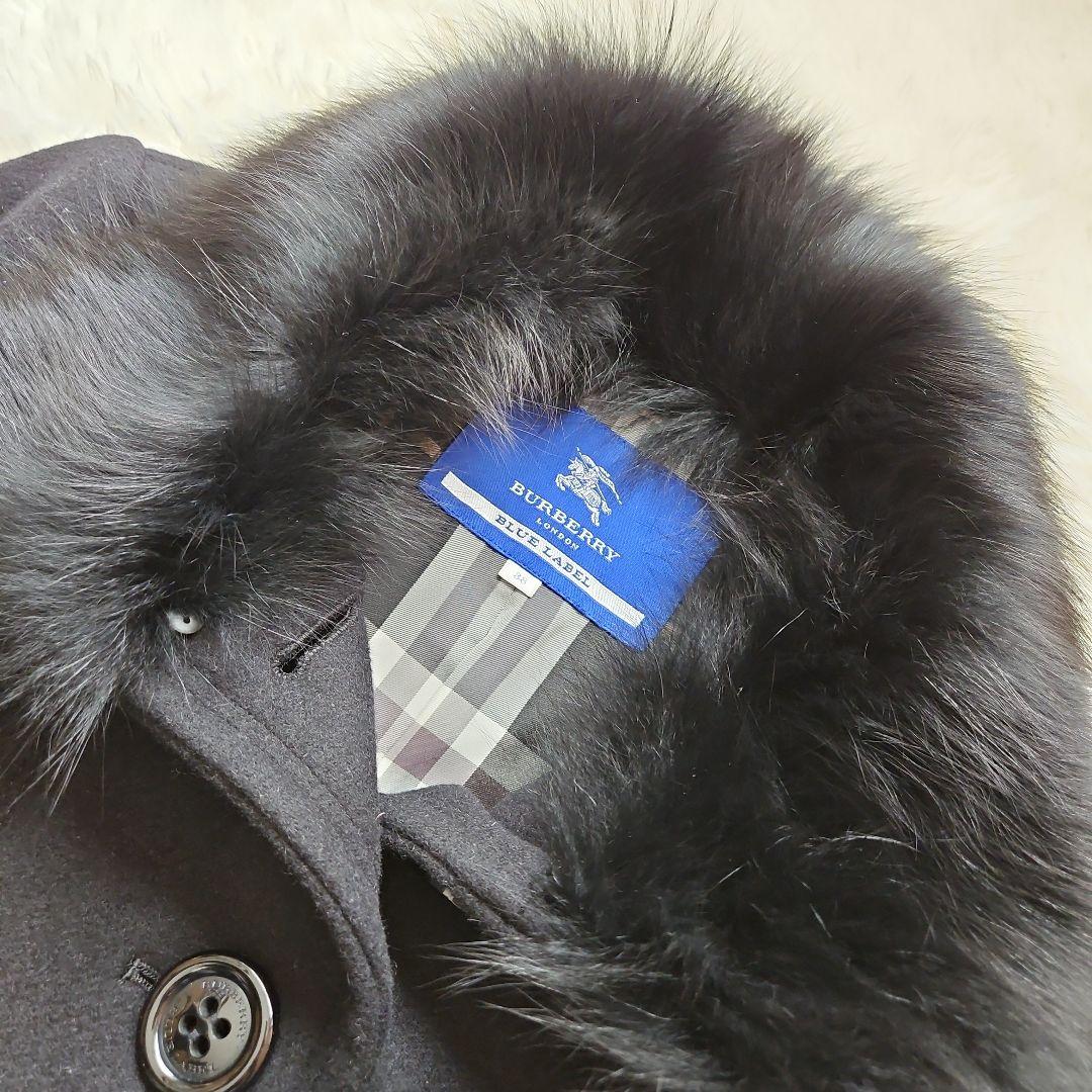 バーバリーブルーレーベル ロングコート フォックスファー ノバチェック 黒 38