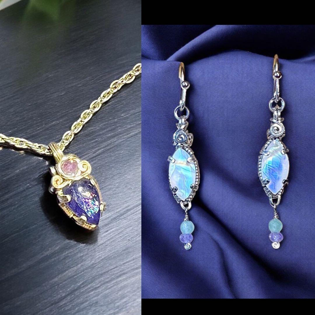 【for Kaya様】アイオライトＰＴ　レインボームーンストーン ピアスチャーム