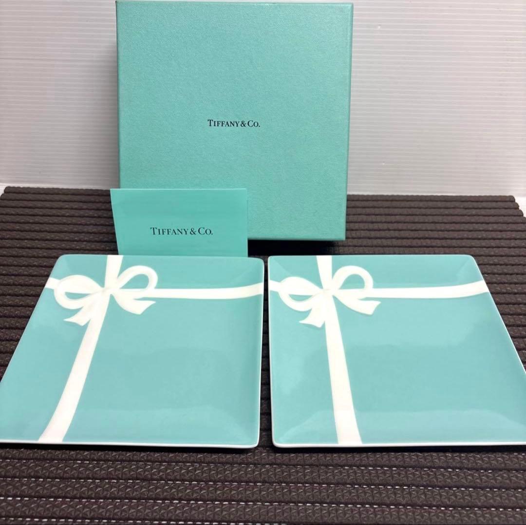 ティファニー　ブルーボウ　スクエアデザートプレート皿　リボン　ペア　箱付き