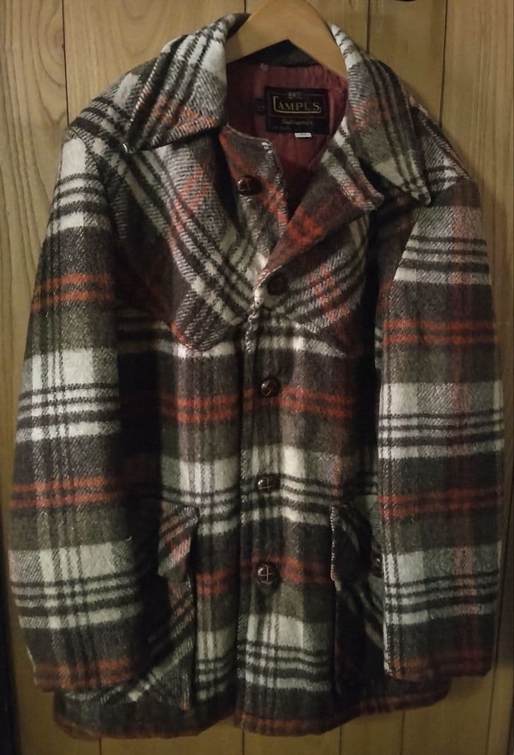​【USA製44】60s CAMPUS ウールチェック ランチコート XL