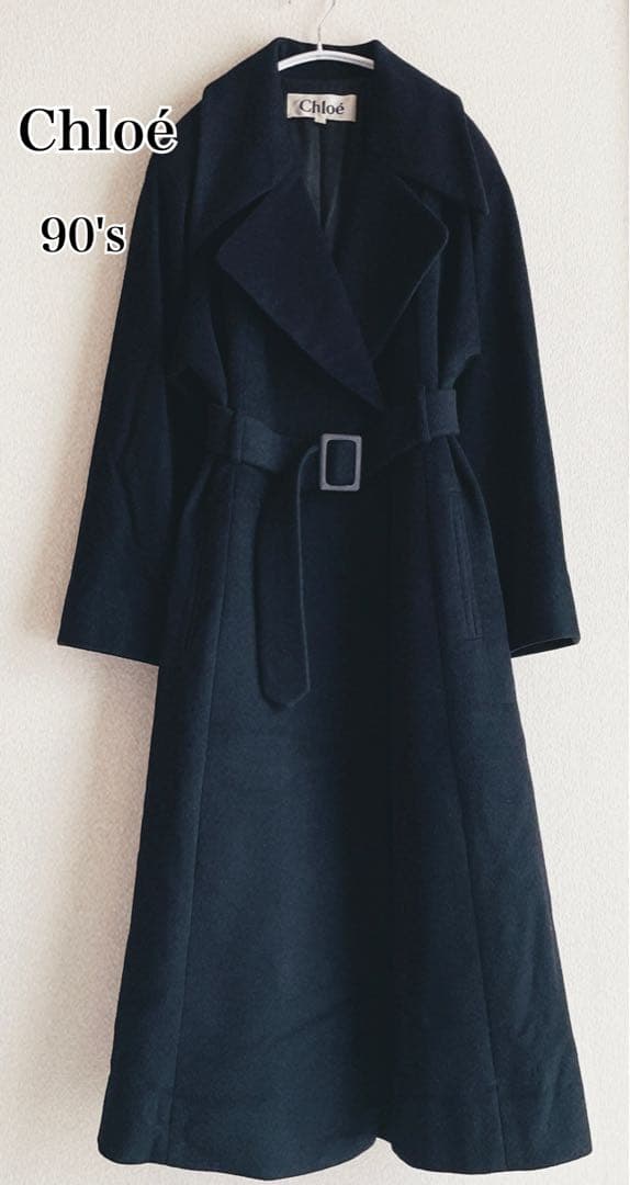 Chloé 90'sウール100％ ベルト付ロングコート黒 M ヴィンテージ