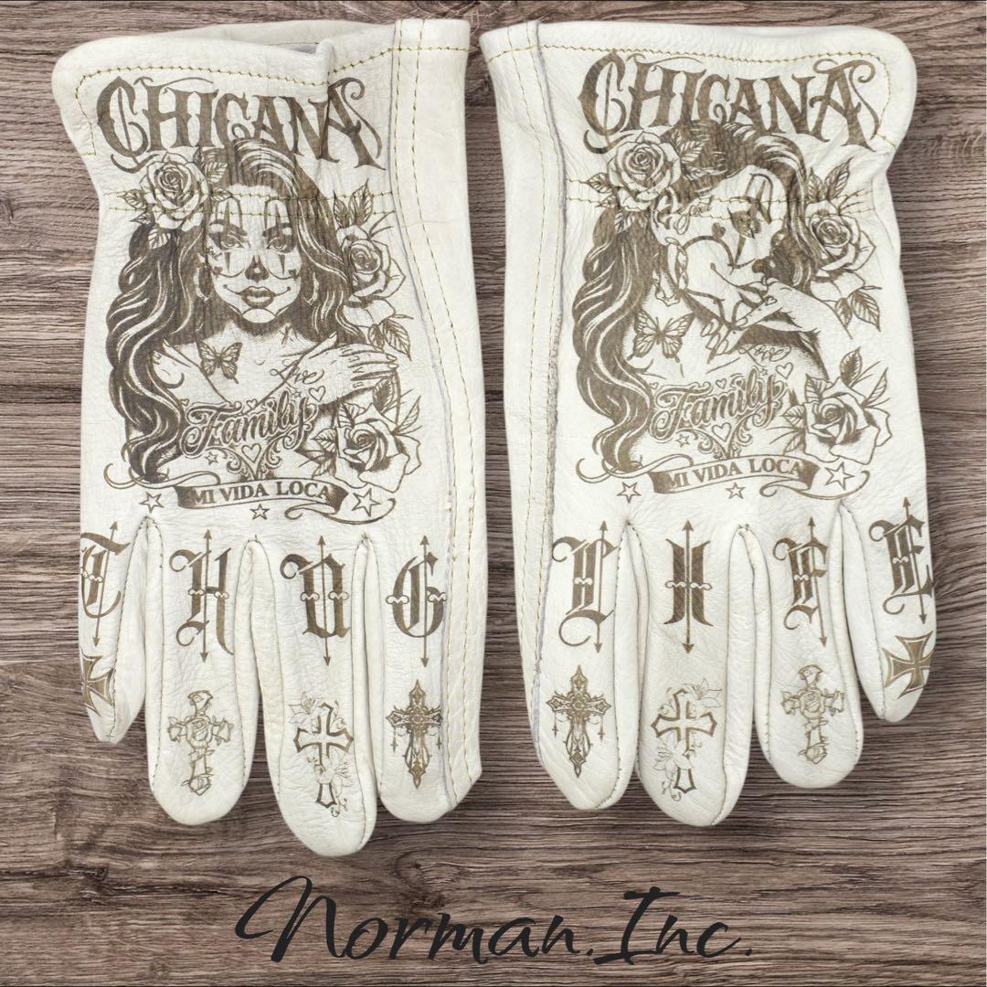 牛革　レザーグローブ　アメリカン　バイク　ハーレー　カスタム　手袋　白　M