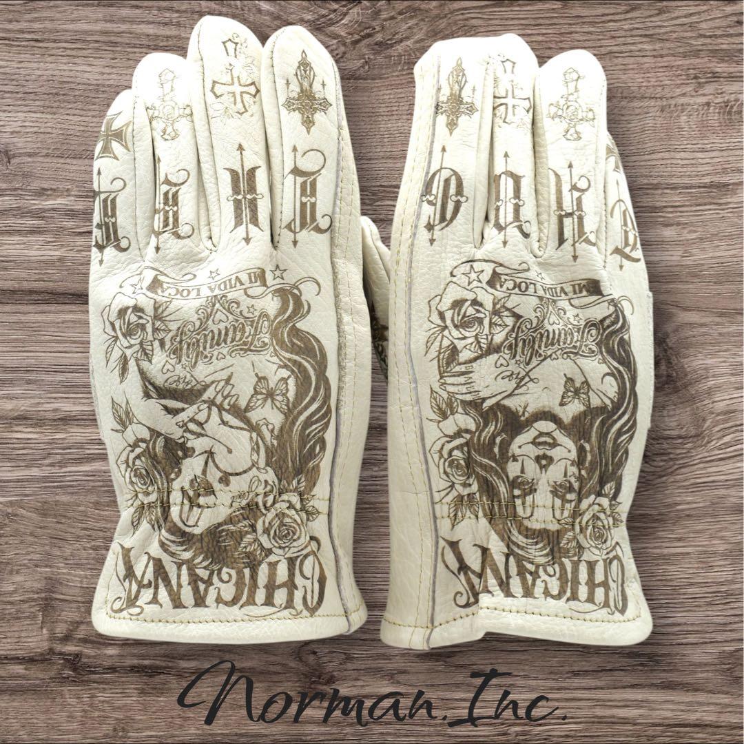 牛革　レザーグローブ　アメリカン　バイク　ハーレー　カスタム　手袋　白　M