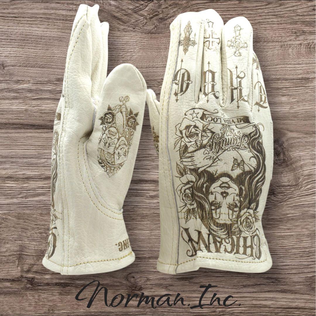 牛革　レザーグローブ　アメリカン　バイク　ハーレー　カスタム　手袋　白　M