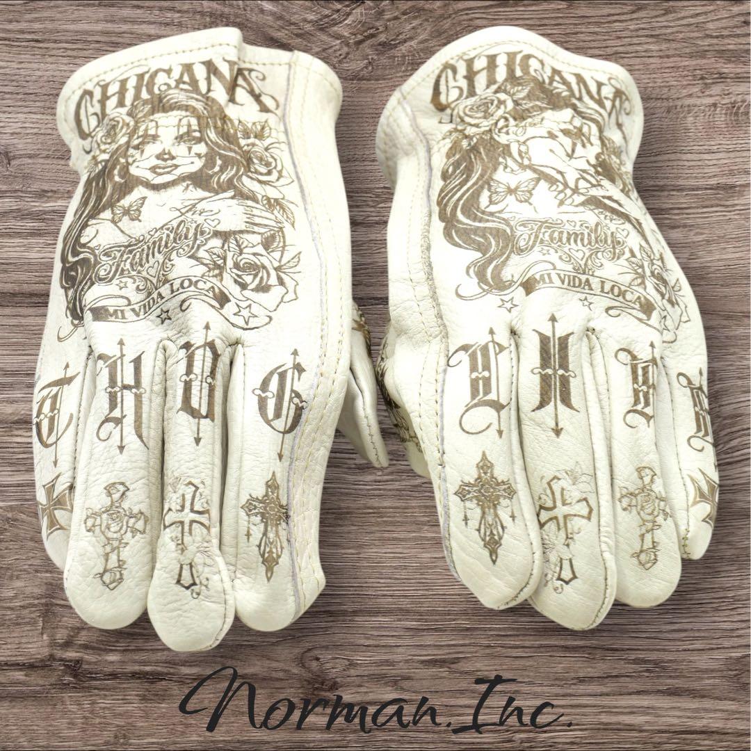 牛革　レザーグローブ　アメリカン　バイク　ハーレー　カスタム　手袋　白　M