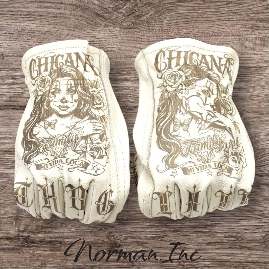 牛革　レザーグローブ　アメリカン　バイク　ハーレー　カスタム　手袋　白　M